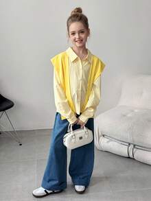 3件套：女童条纹长袖衬衫（带可拆卸披肩），搭配宽松休闲牛仔裤，适合休闲装，春夏季 - 黃色 - 查看 4