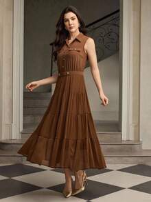 ZEYLAH 褶饰宽下摆衬衫领长连衣裙，秋冬 - 棕色 - 查看 4