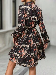 EMERY ROSE Women's Floral Print Tie Neck Long Sleeve Waist Cinched Casual Mini Dress