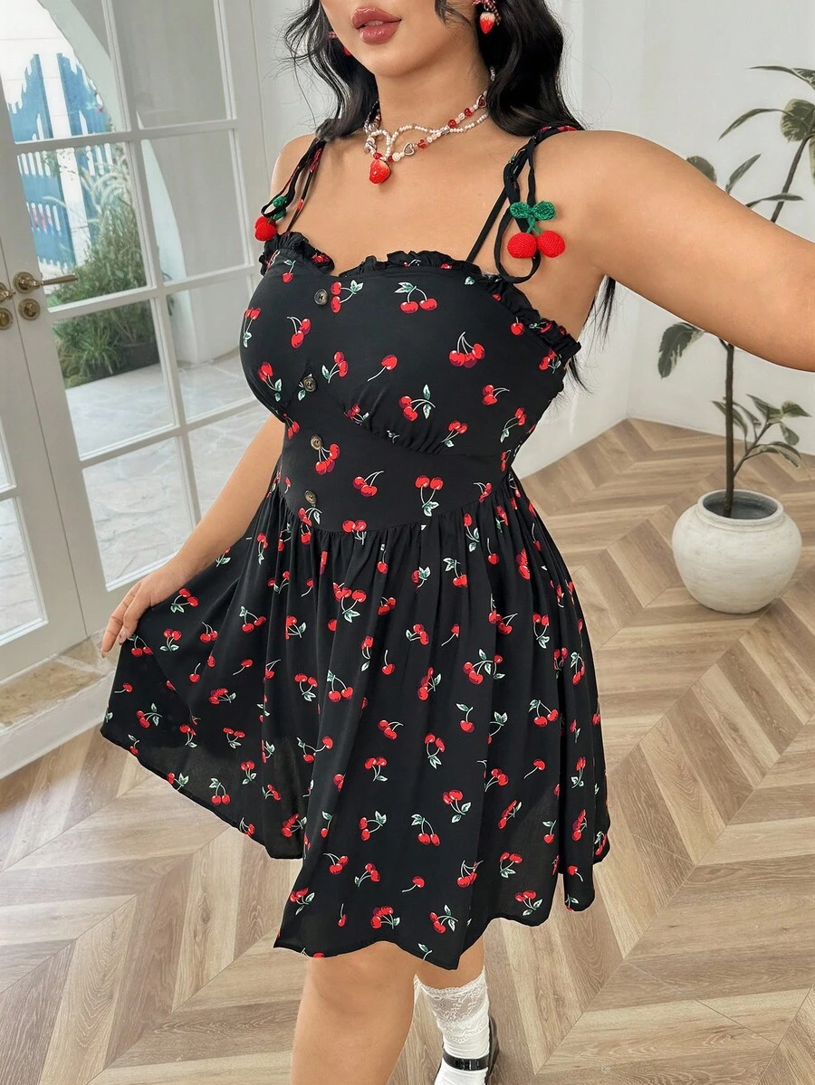 Soleia 黑樱桃印花罩杯风格浪漫休闲大码波西米亚风度假连衣裙，适合夏季 - 彩色 - 查看 1