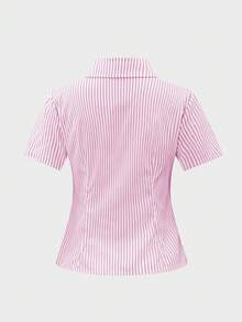 Almamuse Áo sơ mi ChicEase kiểu Pháp ôm vừa vặn, sọc vàng trắng, tay ngắn, trang nhã, mặc công sở cho nữ, quần áo đại học - Hồng - Xem 9
