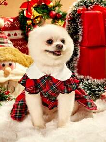 PETSIN 1pc Classic Plaid Print Cute Dog Dress With Puff Sleeves For Pet, Christmas - Red - View 4