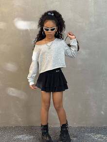 Coolane 青少年女孩短款休闲露肩短款运动衫、长袖上衣 - 灰色 - 查看 6