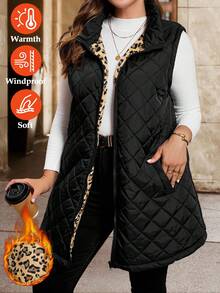 SHEIN Clasi 大码女式豹纹印花衬里口袋拉链前襟背心外套，适合秋冬季穿着 - 黑色 - 查看 1