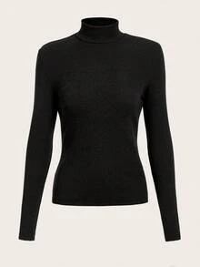 SHEIN Teen Girl Black Turtleneck Snug Fit Casual Long Sleeve T-Shirt Black Turtleneck Top Black Top Black Long Sleeve Top Black Fitted Top Fall Winter - Black - View 3