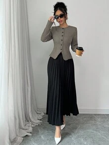 Elenzga 女士粗花呢长袖夹克和百褶中长裙优雅套装 - 彩色 - 查看 4