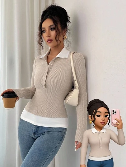 Elenzga Camiseta de manga larga con diseño de 2 en 1, cuello y bajo con bloques de color, elegante y de moda para otoño