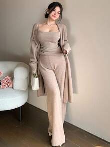 DAZY 3pcs Women Solid Color Minimalist Shawl Cardigan, Camisole, And Pants Knit Sweater Set - Khaki - View 5