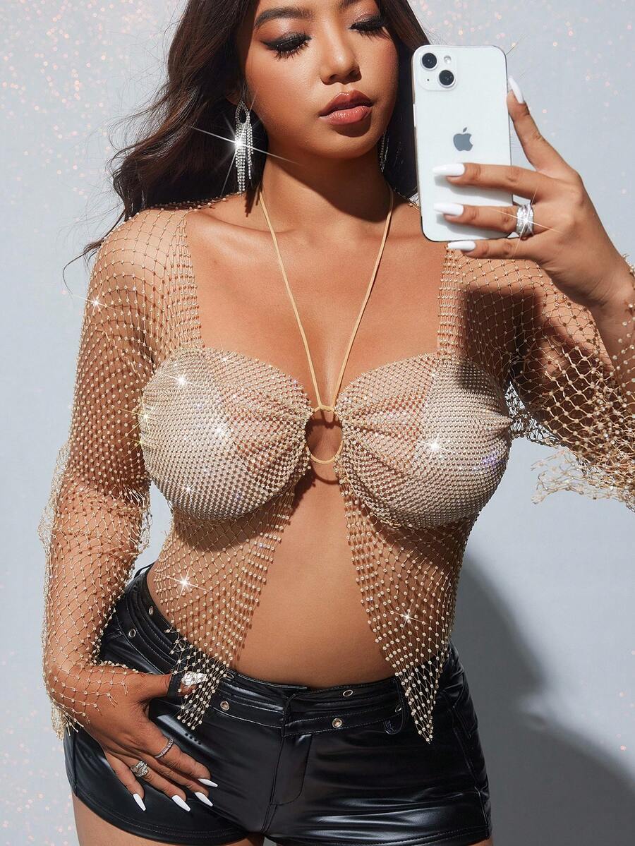 Viva Relle Plus Size Sexy Shiny Rhinestone Mesh Long Sleeve Top, Suitable For Party And GatheringValentine's Day - Gold - View 1
