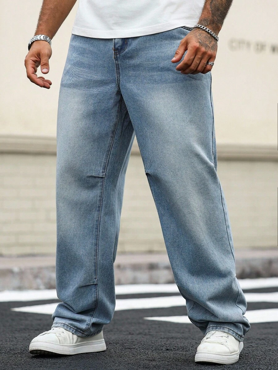 Manfinity Homme Plus Size Men's Casual Loose Fit Light Blue Denim Jeans Baggy Jeans Man Oversize Jeans Men - Blue - View 1