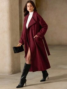 GENKIRA Vintage High-End French Style Lapel Belted Long Coat For Women - Burgundy - View 5