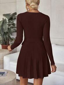 EMERY ROSE Women's Solid Color Wrap Tie Waist Long Sleeve Pleated Hem Casual Knit Dress, Autumn - Coffee Brown - View 2
