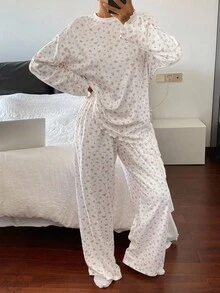 DAZY 碎花宽松舒适女士睡衣套装，秋冬服装 - 灰色 - 查看 3