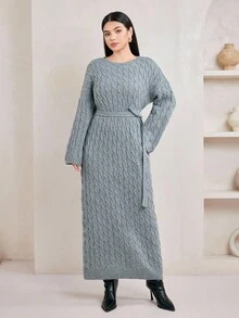 Veilorie 女式休闲纯色长袖圆领毛衣裙 - 深灰色 - 查看 3