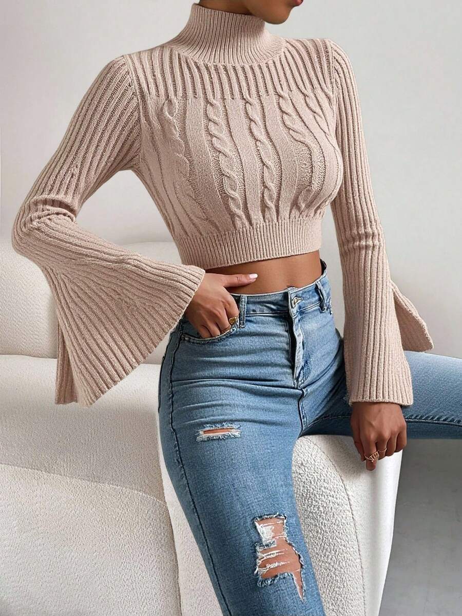 EURMUSE High Neck Cable Knit Flare Sleeve Crop Sweater - Pink - View 1