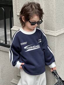 DAZY 儿童秋季服装，男童抓绒卫衣，休闲宽松字母印花街头风，秋季 - 藏蓝色 - 查看 2