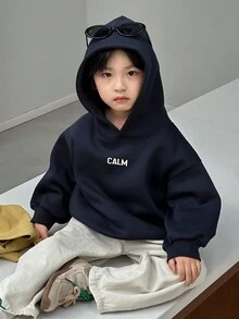DAZY 男童抓绒卫衣，休闲宽松版型字母印花街头风，秋季连帽衫 - 藏蓝色 - 查看 5