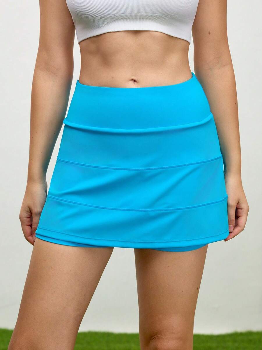 SHEIN Unity 女式纯色高腰休闲健身运动短裙,带口袋 - 藍色 - 查看 1
