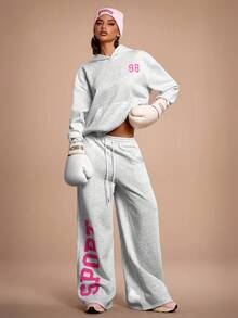 Streetz SHEIN Sport 2件套女士休闲连帽长袖上衣和裤子运动套装 - 淺灰色 - 查看 5