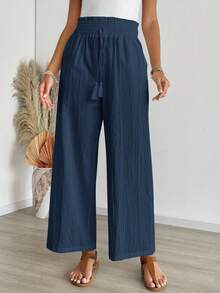 EMERY ROSE 女式休闲纯色抽绳口袋阔腿裤 - 藍色 - 查看 8