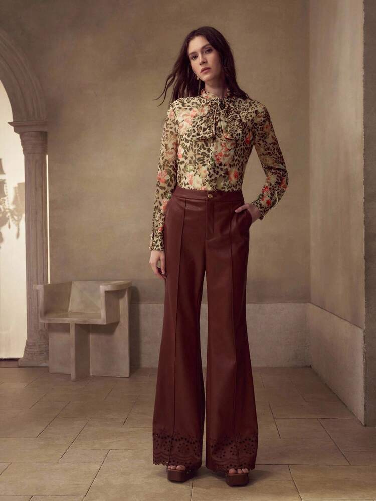 MOTF PREMIUM 女式复古豹纹优雅长袖衬衫，秋季 - 棕色 - 查看 5