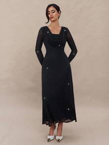 Modelyn Vestido de manga larga para mujer con decoración de rhinestones