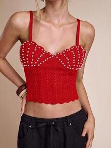 SHEIN BAE Canotta corta aderente in maglia con perle finte, adatta per l'autunno/inverno - Rosso - Visualizzare 6