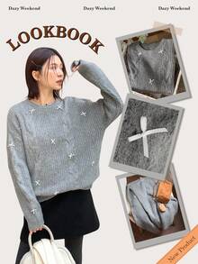 DAZY Suéter de cuello redondo de manga larga con nudo de lazo de punto trenzado de unicolor, informal, para primavera/otoño - Gris - Ver 1