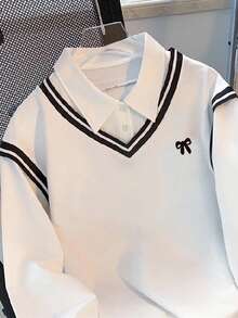 Resyla 大码女式拼色领运动休闲运动衫，学院风上衣 - 白色 - 查看 4