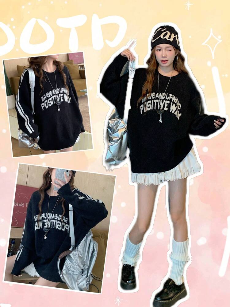 Women's Crew Neck Casual Korean Style Artistic Letter Contrast Color Long Sleeve Sweater Fall