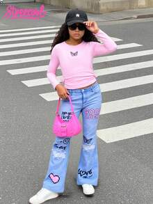 SHEIN Explorewe 2 pièces/set Combinaison ample à manches longues, taille froncée, nœud papillon, motif papillon, style décontracté et mignon, pour toutes les saisons, pour filles - Multicolore - Voir 1