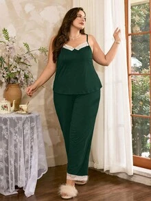 SHEIN Conjunto de ropa de dormir casual para mujer con camiseta sin espalda y ribete de encaje - Verde Oscuro - Ver 4