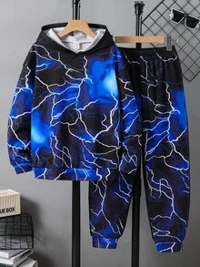 SHEIN 2 件青少年男孩休闲街头时尚夜光连帽衫和运动裤套装，适合通勤、上学、日常休闲装、运动、秋冬 - 藍色 - 查看 3