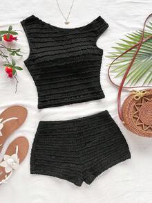 Soleia Women's Vacation Spring/Summer 2 Pieces Set: Red & White Striped Knit Asymmetrical Shoulder Crop Top And Super Low-Rise Bodycon Shorts, Suitable For Party, Christmas, Valentine's Day, Date, Beach, Cruise, Carnival, Easter, Chinese New Year