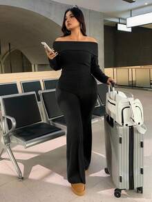 SHEIN EZwear 大码休闲家居服简约露肩粗条纹两件套 - 黑色 - 查看 5