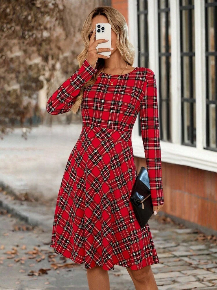 Women's Plaid Round Neck Long Sleeve Casual Dress Women's Elegant Solid Color Waist Cinched Short Dress, Suitable For Commuting Elegant Party Dresses Red Dress For Women Christmas Dress Christmas Clothes For Women Christmas Party Dress Winter Dress Women Fall Outfits For Women Fall Dresses For Women Elegant Party Dresses New Year Dress Red Dress For Women Christmas Women's Clothing Christmas Dress,Christmas
