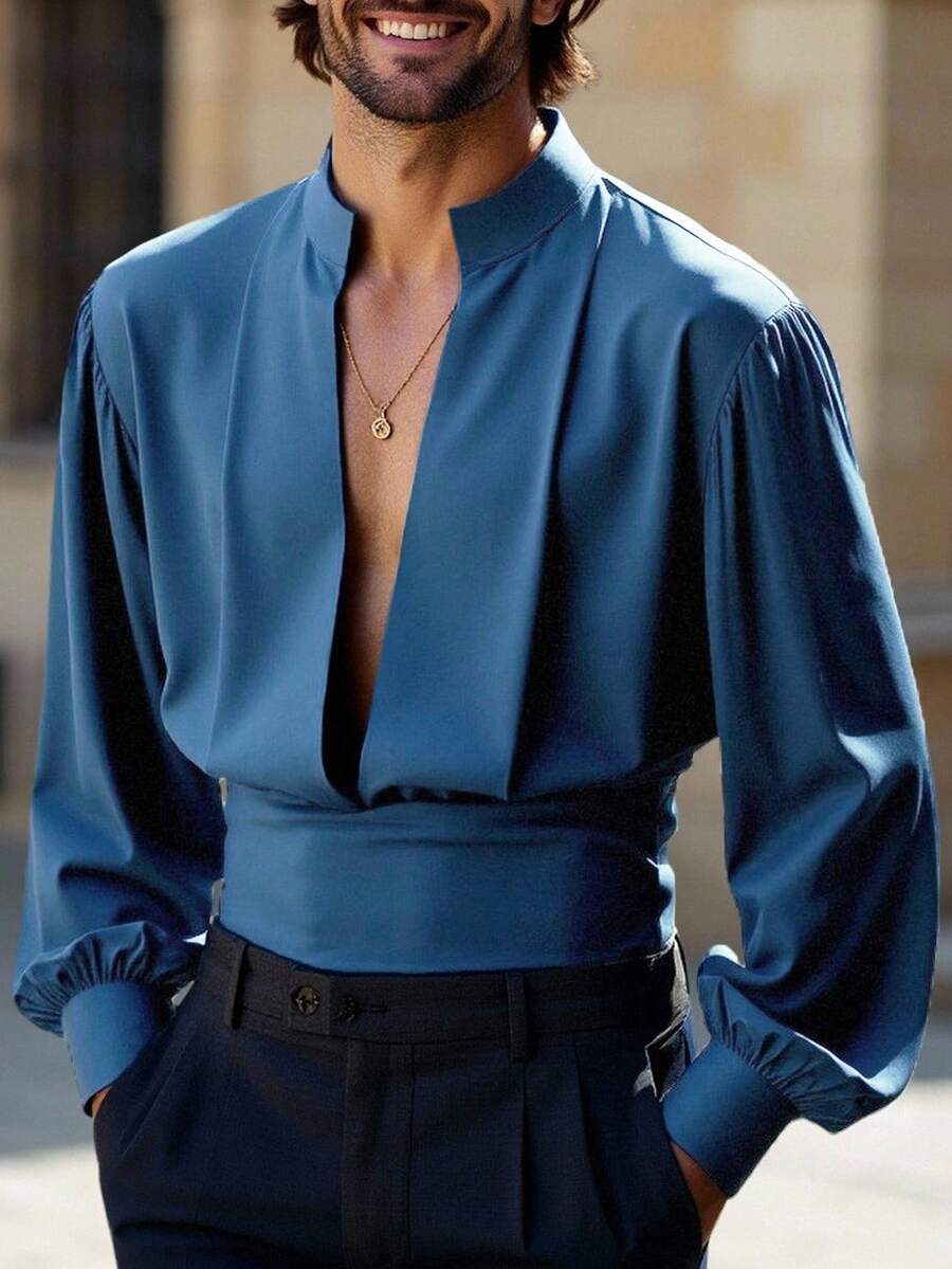 Manfinity AFTRDRK 男士休闲纯色 V 领衬衫 男士皇家蓝色衬衫 男士蓝色衬衫 蓝色上衣 皇家蓝色上衣,秋季 - 藍色 - 查看 1