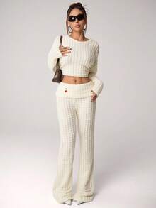 SHEIN ICON Bộ 2 áo thun vải thô họa tiết và quần ống loe cho nữ - trắng - Xem 5
