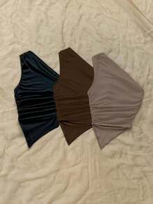 Soleia 3 件套混合黑色、棕色、卡其色不对称下摆不对称肩上衣，适合夏季 - 彩色 - 查看 2