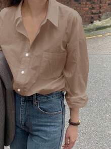 DAZY 秋季休闲百搭纯色长袖衬衫 - 卡其色 - 查看 2