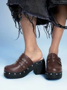 Sugerpunk 女士复古时尚搭扣高跟凉鞋，百搭粗跟穆勒鞋 - 棕色 - 查看 6