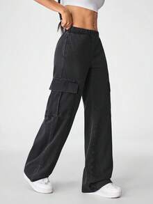 Flexra 女式松紧腰工装口袋阔腿宽松休闲牛仔裤 - 黑色 - 查看 5