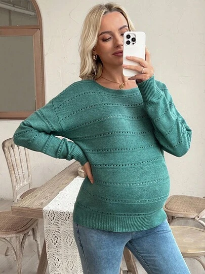 SHEIN เสื้อสเวตเตอร์ถักคลุมท้องสีพื้นคอกลมไหล่ตก