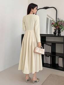 DAZY 女士优雅拼布系带中长连衣裙，秋季 - 米色 - 查看 2