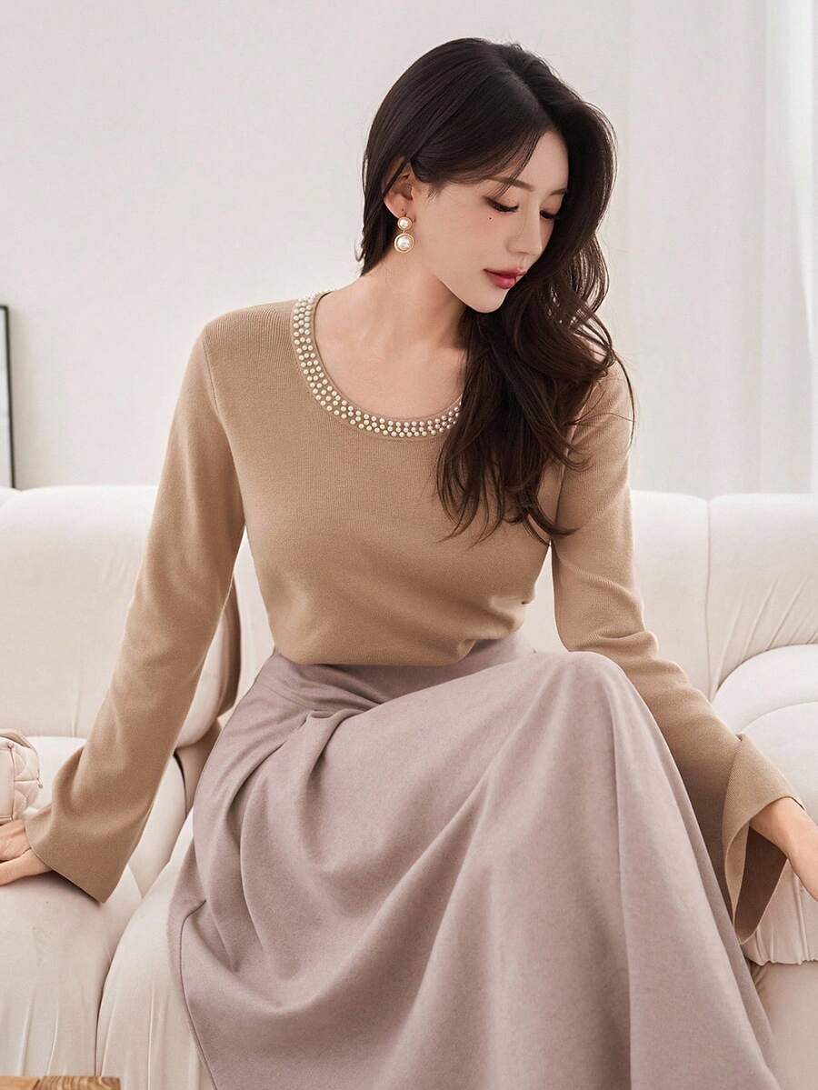 DAZY Suéter de cuello redondo con cuentas para mujer, otoño