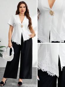 Modelyn Bộ quần áo tay ngắn cỡ lớn, màu trơn, viền bất đối xứng, trang trí hoa kim loại - Đen và trắng - Xem 1