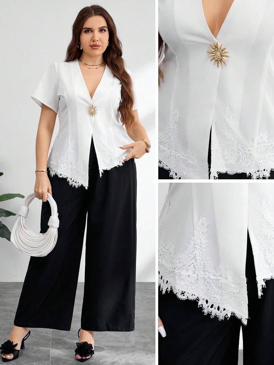 Modelyn Bộ quần áo tay ngắn cỡ lớn, màu trơn, viền bất đối xứng, trang trí hoa kim loại - Đen và trắng - Xem 1