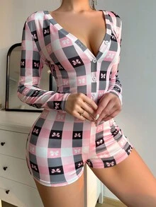 Women'S Plaid Bow Print Pajama Romper , Cozy And Elegant Details, Fall & Winter - Pink - View 4