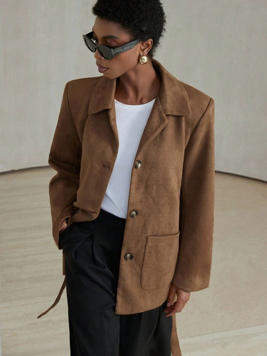 Aveloria Modichic 休闲复古系腰宽松落肩大口袋绒面革夹克 - 咖啡棕 - 查看 1