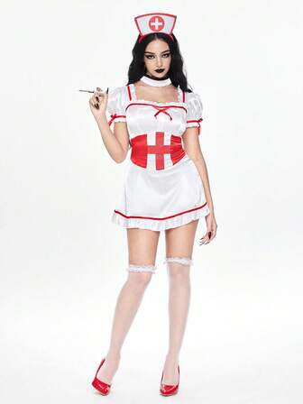ROMWE Avant Sexy Nurse Costume With Puff Sleeves, Bowknot And Ruffle Trim, Roleplay Dress